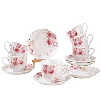 GY 12 pcs Tea Set - 7oz New bone china tea cup and saucer Red Rose pattern porcelain tea cup coffee cup