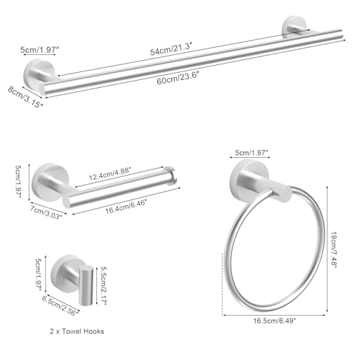 sunzone Bathroom Accessories Set, 5 Pieces Towel Bar, 60 cm Towel Bar, Towel Ring, Bathrobe Towel Hook, Toilet Paper Holder, 304 Stainless Steel, Silver