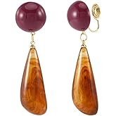 Vintage Brown Teardrop Round Disc Clip On Statement Dangle Drop Earrings for Women Non Piereced Ear Hypoallergenic Resin Waterdrop Fake Dangling Lightweight Fashion Jewlery Gift