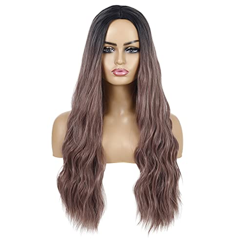 UHIBROS Long Wave Wigs With Bangs Purple For Women DarkSynthetic Long Wavy Hair Cosplay Heat Resistant Fiber Curly Hair 26inchs For Daily Party （Ombre Purple）