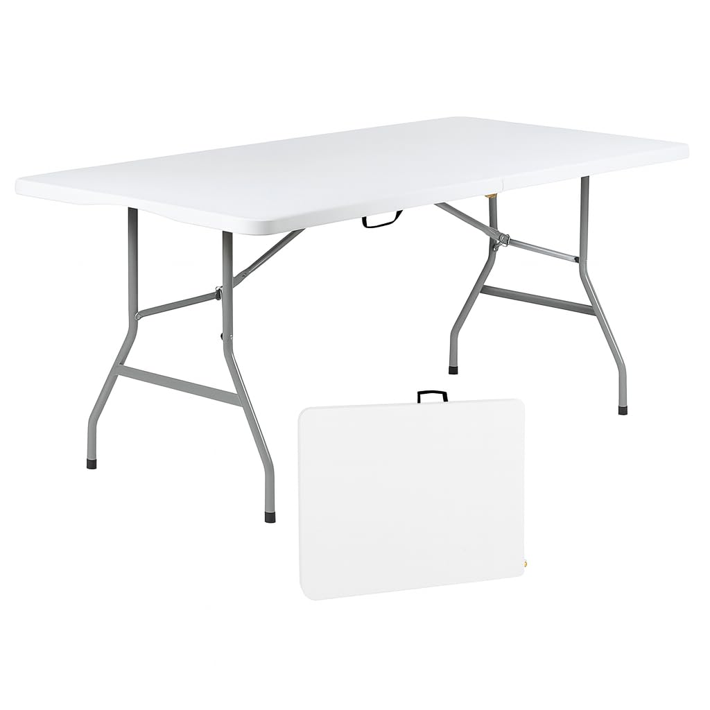 Photo 1 of +gardenlife - Folding Table 6ft | Heavy Duty Plastic Event Table with Carrying Handle | No Assembly Required | Portable with Side Lock | Powder-Coated Steel Legs, White, Plastic