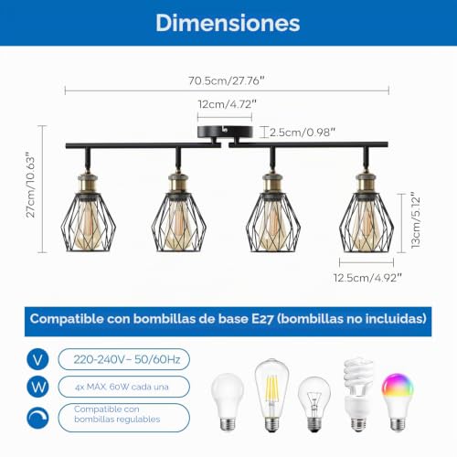 ANWIO Ceiling Lamp with 4 Bulbs, E27 Rotating Interior LED Spotlights, Black Ceiling Lamps, Wall Spotlight for Indoor Lighting for Bedroom, Hallway, Kitchen (No Bulb)