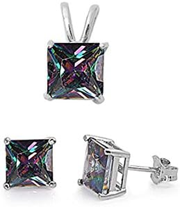 Noureda Sterling Silver Classy Princess Cut Rainbow Topaz Simulated Diamonds Stud Earrings and Pendant Set , Pendant Height of 8 x 8 MM