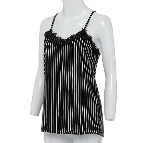 Womens Tops Summer,Lace Stripe T-Shirt Sexy Sleeveless Blouse Camisole Off Shoulder Sleepwear Tank Camis Polos Black - Thumbnail 5