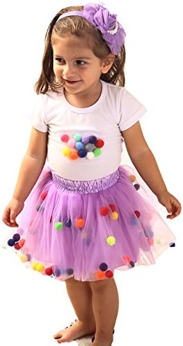 Girls Skirt Set Baby Girls Tutu Skirt 4-Layer Fluffy and T-Shirt with Pom Pom Puff Ball Set