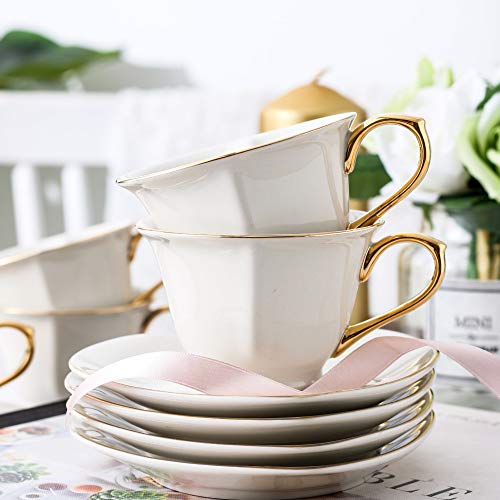 ARTVIGOR Coffee and Tea Service Set Heart Shape Cream White Porcelain Gold Rimmed Gift Box for 6