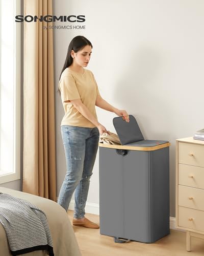 Cesto Ropa Sucia de 2 Compartimentos, Cesta de Colada, 150 L, Clasificador con Tapa, Bolsas de Ropa Extraíbles, para Lavadero, Dormitorio, Salón, Gris Pizarra y Beige Natural LCB523G01
