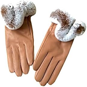 Female Sheepskin Rabbit Fur Leather Gloves Touch Screen Warm Riding Winter,Camel