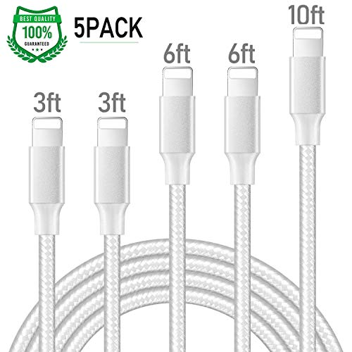 iPhone Charger, MFi Certified Lightning Cables 5Pack 2x3FT 2xFT 10FT to USB Syncing Data and Nylon Braided Cord Charger for iPhone Xs/Max/XR/X/8/8Plus/7/7Plus/6S/6S Plus/SE/iPad and More - Sliver