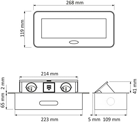 Versenkbare Einbausteckdose 2x Schuko 2x USB 5V   Schwarz   Aluminium Spritzguss   mit Softffnung   anschlussfertig mit 3m Schukokabel