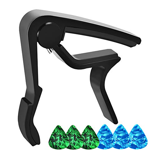 Guitar Capo, Haneye Guitar Capo for 6 String Acoustic and Electric Guitars, Bass, Ukulele, Guitars and Bass Black Guitar Capo Accessories with 6 Pcs Guitar Picks