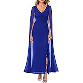 ADEWEL Women's V Neck Flowy Long Sleeve Side Split Sexy Mesh Ruched Formal Maxi Dress Cocktail Party Long Dresses with Cape