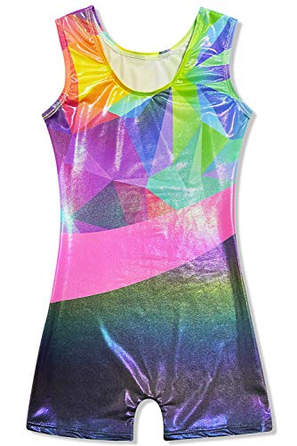 Kids4ever Geometric Stripes Splicing Gymnastics Leotards for Girls Biketards with Shorts Sparkly Unitard 3T 4 T