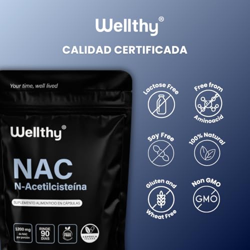 Wellthy NAC N-Acetilcisteína 180 Cápsulas. 1200mg por Porción, VCaps Cápsulas Veganas, Bottle Free.