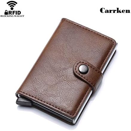 Carrken New Antitheft Men and Women Credit Card Holder RFID Aluminium Business Card Holder Crazy Horse PU Leather Mini Wallet (FL30) (Coffee)