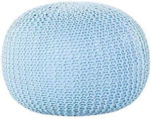 Hand Knitted Cable Style Dori Pouf - Floor Ottoman - 100% Cotton Braid Cord - Handmade & Hand Stitched - Truly one of a Kind Seating - 20 x 14 Knitted Round Pouf 20" (Aqua Blue)