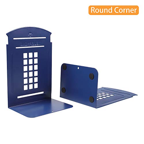 Bookends, Telephone Booth Metal Book Ends Non Skid Heavy Duty for Shelves, Books, DVD, Video 7.8 x 5.5 x 3.9 inch Blue (2 Pair/ 4 Pieces)