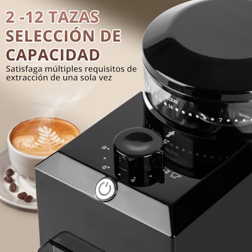 Molino de Café Eléctrico, 28 Ajustes de Molienda Precisión, Capacidad Ajustable para 2-12 Tazas con Función de Temporizador, Molino Cónico de Acero Inoxidable para Prensa Francesa, Café de Goteo, Moka