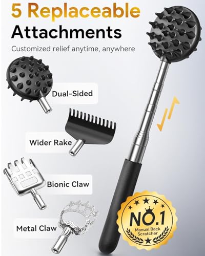 TUKUOS Fathers Day Gift, Telescoping Back Scratcher with 5 Detachable Scratching Heads, Rubber Handles, Anniversary Birthday Gifts for Men Women Back Scratcher for Men/Dad/Women/Adults