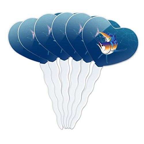 Graphics and More Blue Marlin Swimming in Ocean Heart Love Cupcake Picks Toppers Decoration Set of 6