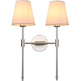 PERMO Industrial Double Sconce Large 2-Lights Wall Sconce with Flared White Textile Lampshade and Brushed Nickel Finished Lon