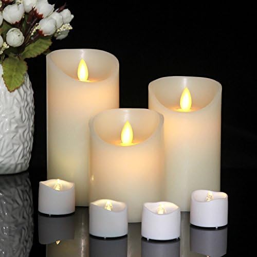 Flameless Candles 4" 5" 6" Set of 3 Ivory and LED Tea Light , Pack of 4 Dripless Real Wax Pillars Include Realistic Dancing LED Flames and 10-key Remote Control with 24-hour Timer Function
