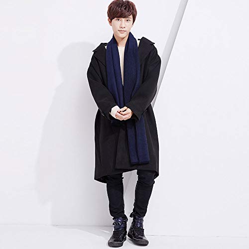 1Pcs Men Women Scarf, Autumn Winter Imitated Cashmere Solid Color Scarf, Business Style Warm Scarf Muffler Neckerchief (Black/Blue) - Thumbnail 6