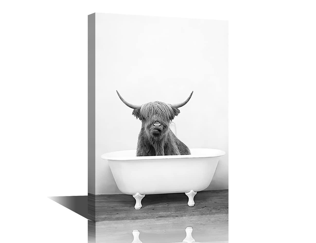 Canvas Wall Art for Living Room Funny Yak in Bathtub Painting Office Wall Decor Wall Artworks Pictures for Home Decor Decoration, Ready to Hang - Black and White Animals Highland Cow Prints-24"Wx16"H