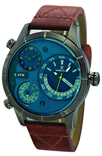 Daniel Klein Mens Watch, Triple Time, Gun Metal, Dark Brown Leather Band (DK11364-1)