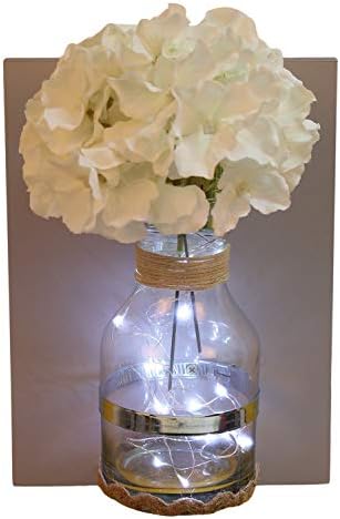 Order Happiness Wooden Wall Hanging Artificial Flower Plant Decoration with Glass Mason Jar/Planter with LED Lights for Living Room or Bedroom Home Decor Item (Grey)