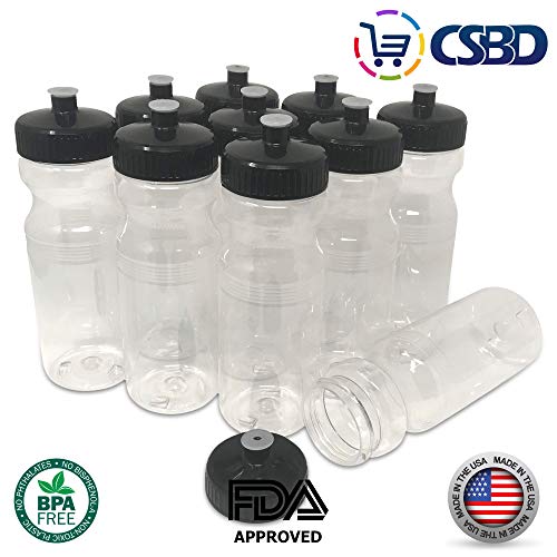 CSBD Blank 24 oz Sports and Fitness Water Bottles, BPA Free, PET Plastic, Made in USA, Bulk, 10 Pack (24 Ounces, Clear/Black)