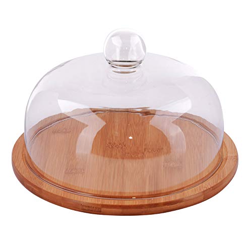 Round bamboo base serving tray with dome glass lid for Salad cheese bread cake snacks storage platter