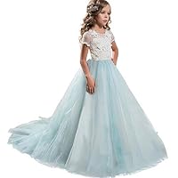 AYOMIS Girls Princess Pageant Dress Kids Prom Ball Gowns Wedding Party Flower Dresses(Aqua 5-6Y)