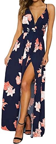 Kumer Women’s Sexy Deep V Neck Spaghetti Strap Floral Split Long Beach Maxi Dress