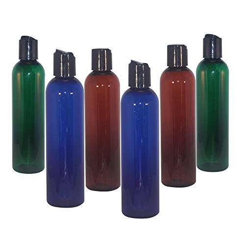 wolfmoon botanicalsWM (Set of 6) 8 oz Multi Color Refillable, Reusable, Empty Plastic Bottles w/Black Press Disc Cap – Mfg. USA. Used in travel, DIY Aromatherapy