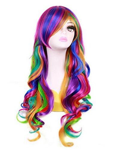 Prettybuy Women/ girls/ladies 27'' Long Rainbow Big Wavy Ombre Spring Bouquet Cosplay Party Wig Harajuku Style Lolita Spiral Colorful Heat Resistant Soft Touch Hair Wig