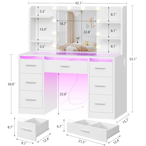 TEENFON Vanity Desk with Mirror and Lights, Makeup Vanity with Glass Top, RGB Lighted Drawers and Power Outlet, Dressing Table with 7 Drawers, 4 Shelves and 5 Jewel Hooks, Bedroom, White