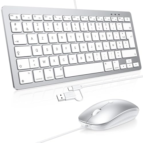 OMOTON Clavier et Souris Filaire pour Mac avec Double Interface, USB et Type-C Compact Ensemble Clavier et Souris Compatible avec Apple MacBook Pro/Air, iMac, Mac Mini, AZERTY FR, Argent