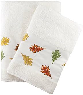 Ebru Autumn Leaves Embroidered Bath & Hand Towel Set Best Quality Bathroom 100% Turkish Cotton, Ecru