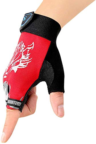 IPENNY Girls Boys Half Finger Cycling Gloves Sport Gym Gloves Racing Mitts Non-Slip Gel Short Finger Breathable Summer Gloves Mountain Road Bike Riding Bicycle Running Gloves (Red-print for kids 4-9)