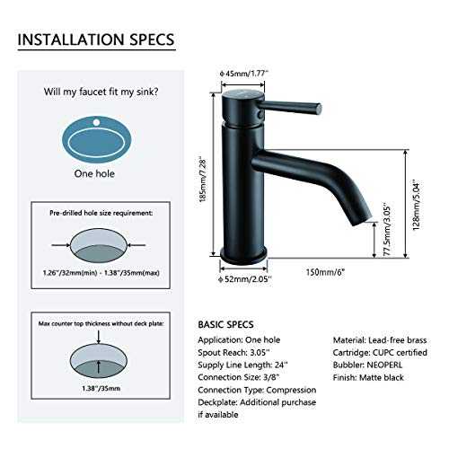 RBROHANT Matte Black Single Handle One Hole Bathroom Sink Faucet, Vanity Modern Faucet Lead Free Solid Brass Basin Mixer Tap Without Cover (NO Deck) - Thumbnail 4