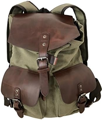 Vintage Cotton Canvas Backpack, Genuine Leather Trim, Unisex Hipster Rucksack with Side Zipper &amp; Buckle Pockets :: Holds Laptops, Tablets &amp; More, 12" x 17" x 5.5", Khaki by RainTraders (Khaki Green)