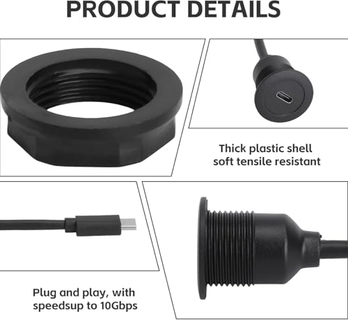 HENGBIRD Adaptador de Montaje Integrado USB C de 5 Gbps, Carga rápida, Cable Corto PD 60 W USB Tipo C 3.0 Macho a Hembra, Conector de Montaje Fijo 20 V 3 A, para salpicadero de Coche/RV/Barco, 30 cm