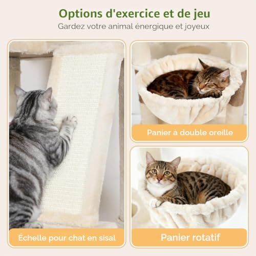 Globlazer Beige XXL Cat Tree Large 204 cm with 2 Huge Padded Platform 50 x 30 cm, 2 Large Kennels, 3 Soft Baskets, Sisal Board, Stable Cat Trees for 3-5 Cats Indoor (S80G, Beige)
