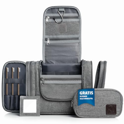 Obics Kulturbeutel Herren & Damen Gross grau 8L XL - Kulturtasche zum Aufhängen & mit Spiegel - Toiletten-Tasche mit Henkel hängend - Kosmetik-Beutel groß - Waschtasche 10 Fächer für Camping Reisen thumbnail 1