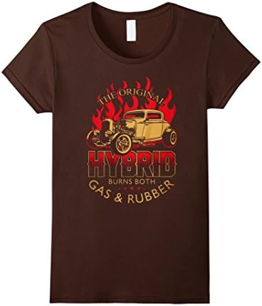 Women's The Original Hybrid Burns Both Gas &amp; Rubber Hot Rod T Shirt Medium Brown