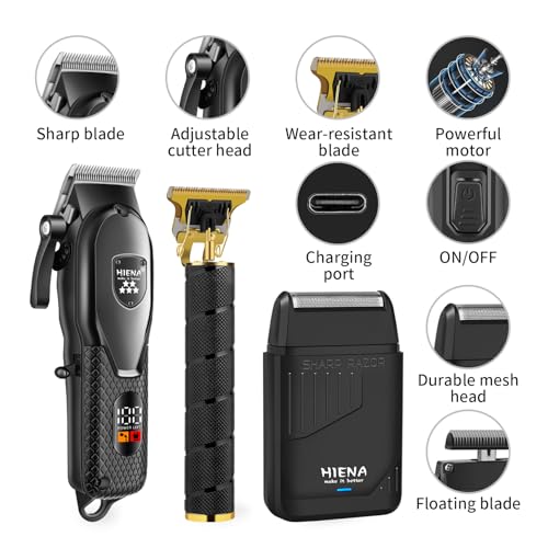 HIENA PRO Professional Hair Clipper Set for Men, Electric Foil Shavers and Beard Trimmers, Cordless Barber Clippers with LED Display, R-Type Adjustable Blade, Hair Cutting Kit, Gifts for Men