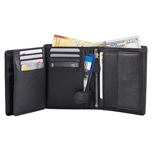 DiLoro Mens Wallets Italy Bifold Flip ID Leather Wallet Vertical Slots Coin and Zip Compartment Large Capacity RFID Blocking (Black Nappa)