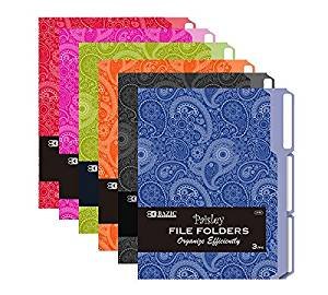 3 Pk, BAZIC 1/3 Cut Letter Size Paisley File Folder, 3 Per Pack (Total of 9 Folders) Colors May Vary