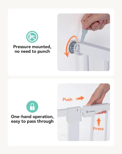 COMOMY Dog Gate 36" Extra Tall, 75-117cm Large Width Baby Safety Gate Automatic Closing, Durable Child Safety Barrier for Stairs, Pressure Mounted, White